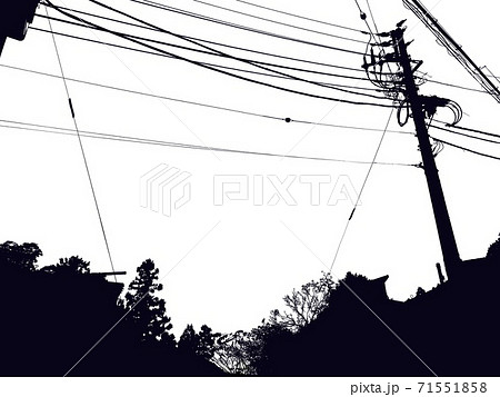 森と電線と電柱の白黒の田園風景イラストのイラスト素材