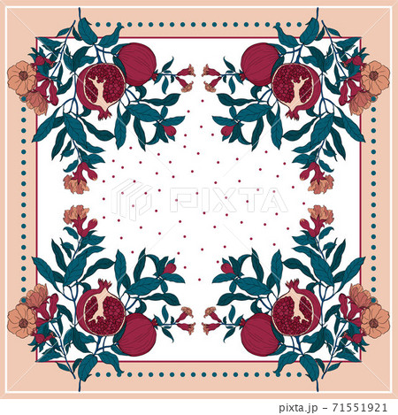 Silk scarf with pomegranate branch with fruits and flowers. Silk scarf with pomegranate branch with fruits and flowers. 71551921