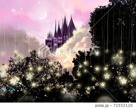 深い森の向こうに見える西洋の城のシルエットと星が輝く夜空のイラスト素材
