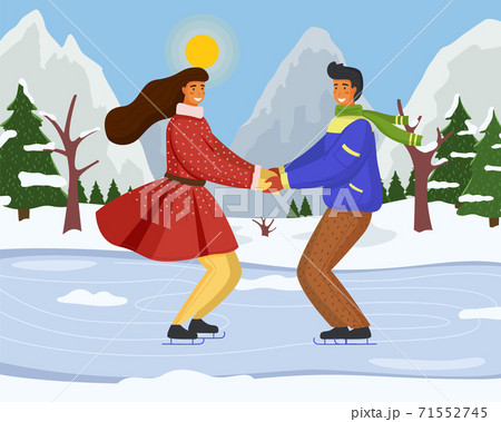 Romantic couple skating in city winter park. Ice skating, spruces, frost, sun, winter weather Romantic couple skating in city winter park. Ice skating, spruces, frost, sun, winter weather 71552745