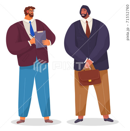 Bisinessmen meeting, partners are talking, two bearded serious men holding briefcase and clipboard 71552760