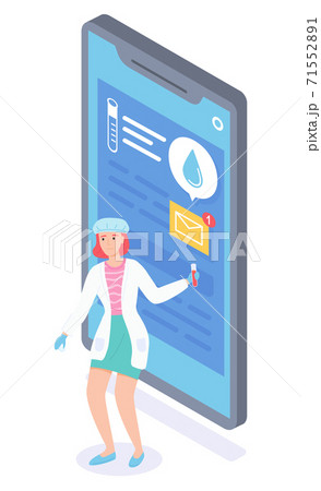 Laboratory assistant chat with patient online. Smartphone screen with tests and diagnosis data 71552891