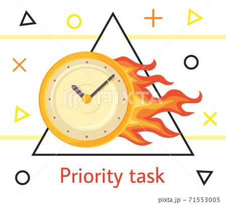 Priority task concept illustration with wall round yellow clock is ablaze with bright fire 71553005