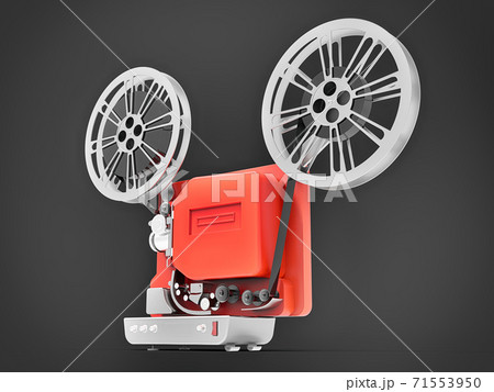 Red 3d cinema film projector isolated on gray background. 3d rendering. Red 3d cinema film projector isolated on gray background. 3d rendering. 71553950
