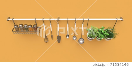 Kitchenware, dry bulk and live seasonings in pots hang on the wall. 3d rendering. Kitchenware, dry bulk and live seasonings in pots hang on the wall. 3d rendering. 71554146