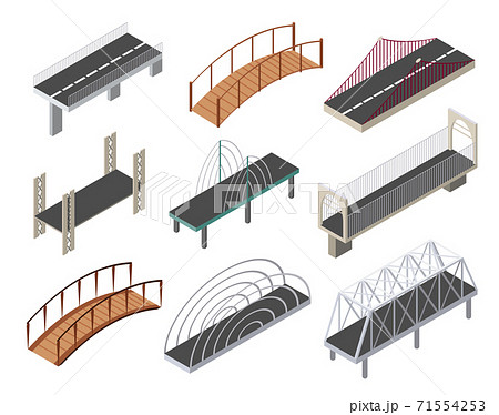 Vector isometric bridges icons set. 3d isolated drawing elements of a modern urban infrastructure for games or applications. City transport objects, road crossing, construction architecture 71554253