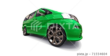 Green small minivan for transportation of people. Three-dimensional illustration on a white background. 3d rendering. 71554604