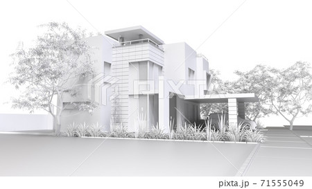 Modern home. Monochrome 3D illustration of white plastic house and garden with garage. 3d rendering. 71555049