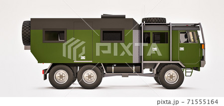 Big green truck prepared for long and challenging expeditions in remote areas. Truck with a house on wheels. 3d illustration. 71555164