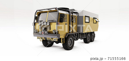 Big truck prepared for long and difficult expeditions in remote areas. Truck with a house on wheels. 3d illustration. 71555166