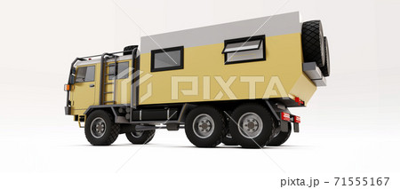 Big truck prepared for long and difficult expeditions in remote areas. Truck with a house on wheels. 3d illustration. 71555167