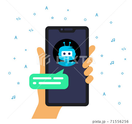 Concept online shop conversation with chatbot. Hand holding a mobile phone. 71556256