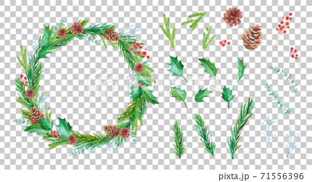 松毬 もみの枝 西洋柊などのクリスマスリースの水彩イラスト 部品のセット のイラスト素材