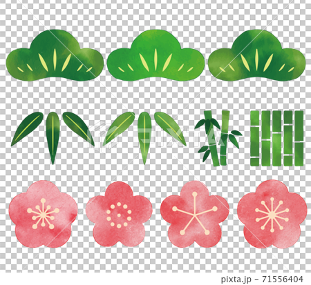 水彩　シンプルでかわいい松竹梅の装飾イラストセット　新春　お正月　和風　日本 71556404