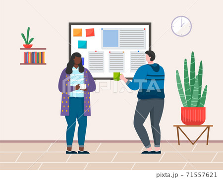 Coffee break, female characters in the office, flat style. Meeting women during lunch break Coffee break, female characters in the office, flat style. Meeting women during lunch break 71557621