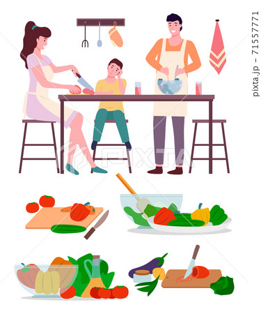 Happy family mom dad and son cooking in kitchen vector illustration. Preparing family dinner 71557771