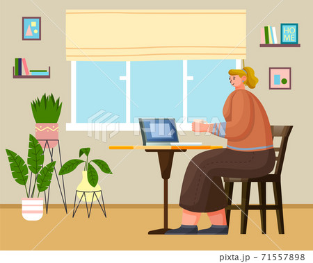 Woman sitting on comfy chair with laptop computer in cozy room. Funny adorable girl working at home 71557898