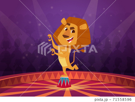 Lion in circus. Wild angry lion acrobat jumping in fire circle circus performer show vector cartoon background Lion in circus. Wild angry lion acrobat jumping in fire circle circus performer show vector cartoon background 71558596