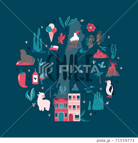 Abstract circle design with landmarks and symbols of Chile and Easter island. 71559773