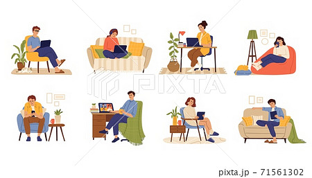 Remote work characters. Home office, business people job with computer. Flat freelance worker in chair with cat and laptop swanky vector set 71561302