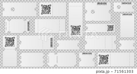 Blank ticket template. Event coupon, label layout with qr code. Empty airplane pass or festive flyer, lottery paper mockup recent vector set Blank ticket template. Event coupon, label layout with qr code. Empty airplane pass or festive flyer, lottery paper mockup recent vector set 71561303