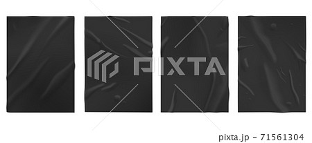 Black wet paper. Glued posters, old adhesive texture mockup. Blank sheets creased effect, realistic crumpled empty pages recent vector set 71561304