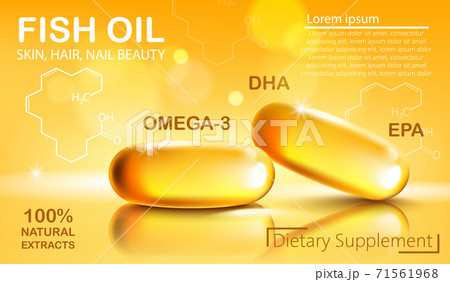 Two shiny capsules with natural extract of fish oil for skin, hair and nail beauty. Dietary supplement with OMEGA-3, DHA and EPA. Place for text. Realistic 3D mockup product placement 71561968