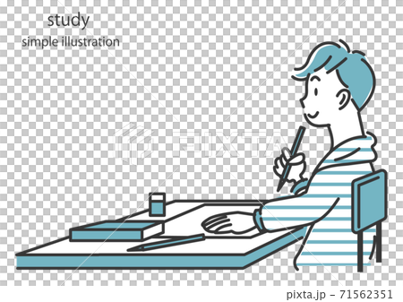 積極的に勉強をする男の子のシンプルな線画イラストのイラスト素材