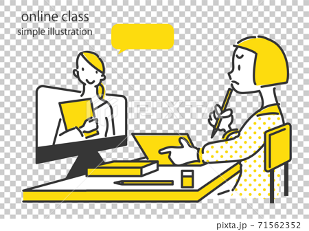 オンライン授業を受ける女の子のシンプルな線画イラストのイラスト素材