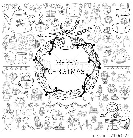 Merry Christmas big hand drawn doodle set - all elements, decorations and characters. Outline vector illustration, New Year holiday mega pack Merry Christmas big hand drawn doodle set - all elements, decorations and characters. Outline vector illustration, New Year holiday mega pack 71564422