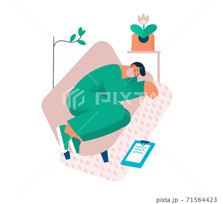 Tired overworked doctor or nurse sleeping on the couch. Exhausted Healthcare worker. Tired overworked doctor or nurse sleeping on the couch. Exhausted Healthcare worker. 71564423