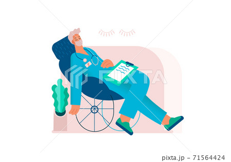 Tired overworked doctor or nurse sleeping in a chair. Exhausted Healthcare worker. 71564424