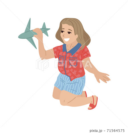 Young girl playing with toy plane. Vector cartoon illustration Young girl playing with toy plane. Vector cartoon illustration 71564575