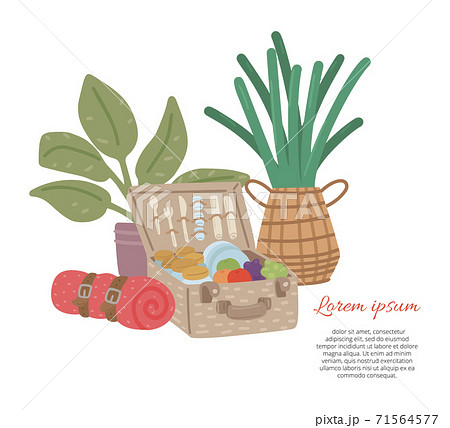 Picnic basket with food and drink. Invitation card for party celebration. Vector cartoon illustration Picnic basket with food and drink. Invitation card for party celebration. Vector cartoon illustration 71564577