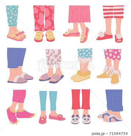 Set of legs in cosy home footwear and slippers flat vector illustration isolated. 71564754