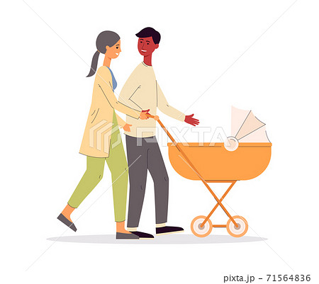 Parents with newborn child in baby carriage, flat vector illustration isolated. 71564836