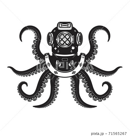 Vintage diver helmet with octopus tentacles. Design element for poster, t shirt, sign, label, logo. 71565267