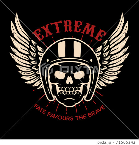 Extreme. Winged skull on black background. Design element for logo, label, emblem, sign, poster. Extreme. Winged skull on black background. Design element for logo, label, emblem, sign, poster. 71565342