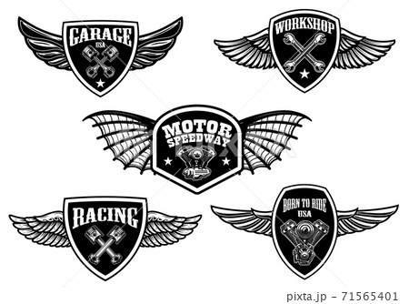 Set of vintage winged emblems. Racing, motorcycles, repair workshop. Design element for logo, label, sign, poster, t shirt. 71565401