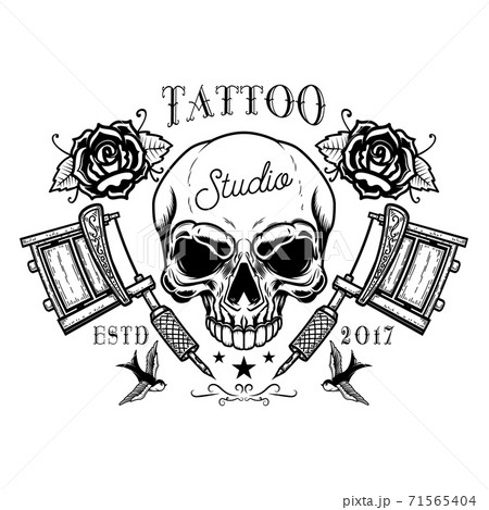 Tattoo studio emblem template. Crossed tattoo machine, skull, roses. Design element for logo, label, sign, poster, t shirt. 71565404