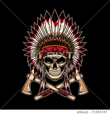 Native indian chief skull with crossed tomahawks on dark background. Design element for logo, label, emblem, sign. Native indian chief skull with crossed tomahawks on dark background. Design element for logo, label, emblem, sign. 71565547