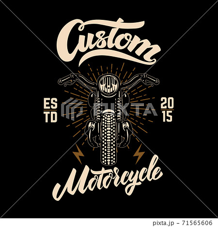 Custom motorcycles. Winged motorbike on black background. Design element for logo, label, emblem, sign, poster. 71565606