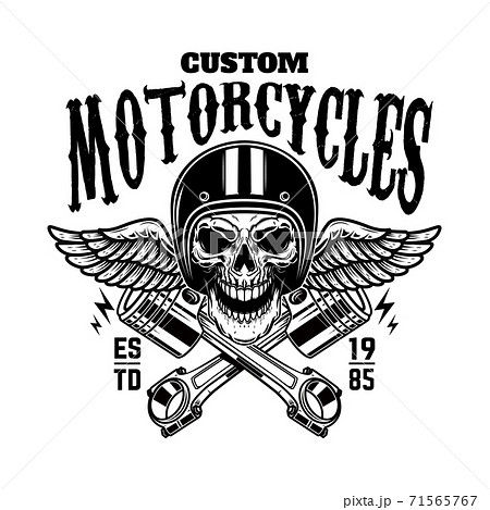 Custom motorcycles. Vintage racer skull in winged helmet and pistons. Design element for logo, label, emblem, sign, poster. Custom motorcycles. Vintage racer skull in winged helmet and pistons. Design element for logo, label, emblem, sign, poster. 71565767