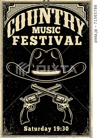 Country music festival poster template. Cowboy hat with crossed revolvers. Wild West theme. Design element for poster, card, banner, flyer. 71565786
