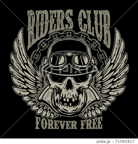 Riders club. Vintage biker emblem with winged racer skull. Riders club. Vintage biker emblem with winged racer skull. 71565817