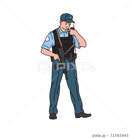 Policeman or guard talking on walkie-talkie, sketch vector illustration isolated. 71565945