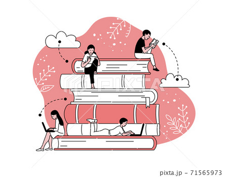 People sit on stack of books and reading, cartoon vector illustration isolated. 71565973
