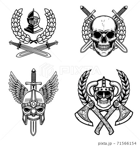 Set of emblems with viking ancient weapon. Design element for logo, label, emblem, sign, poster. 71566154