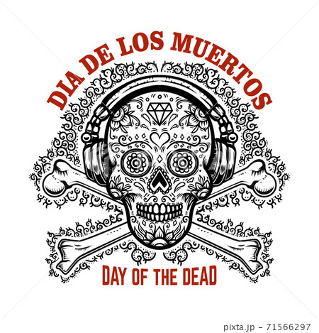 mexican sugar skull with headphones and crossbones. DAY OF THE DEAD. Design element for poster, greeting card, banner, t shirt, flyer, emblem. 71566297
