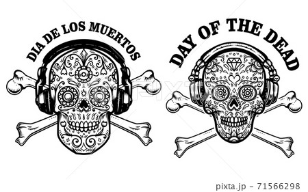 Set of mexican sugar skull with headphones and crossbones. DAY OF THE DEAD. Design element for poster, greeting card, banner, t shirt, flyer, emblem. 71566298